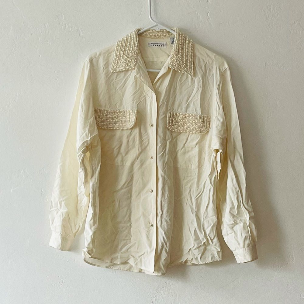 Vintage Pearl Embellished Long Sleeve Button Down Blouse